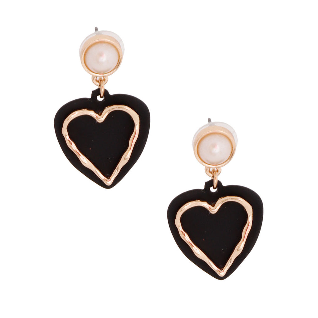 Black Heart Drop Earrings with Pearl Accent