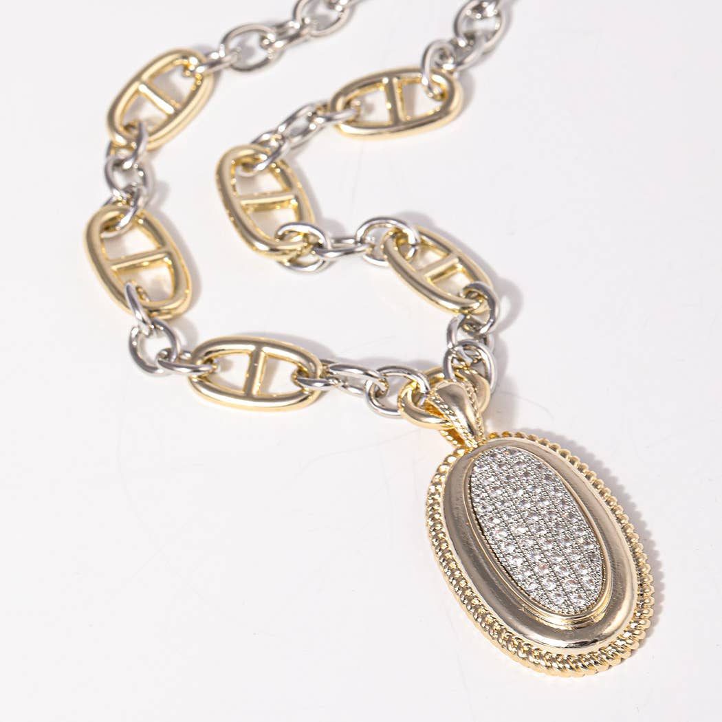 Two-Tone Oval CZ Pendant Necklace
