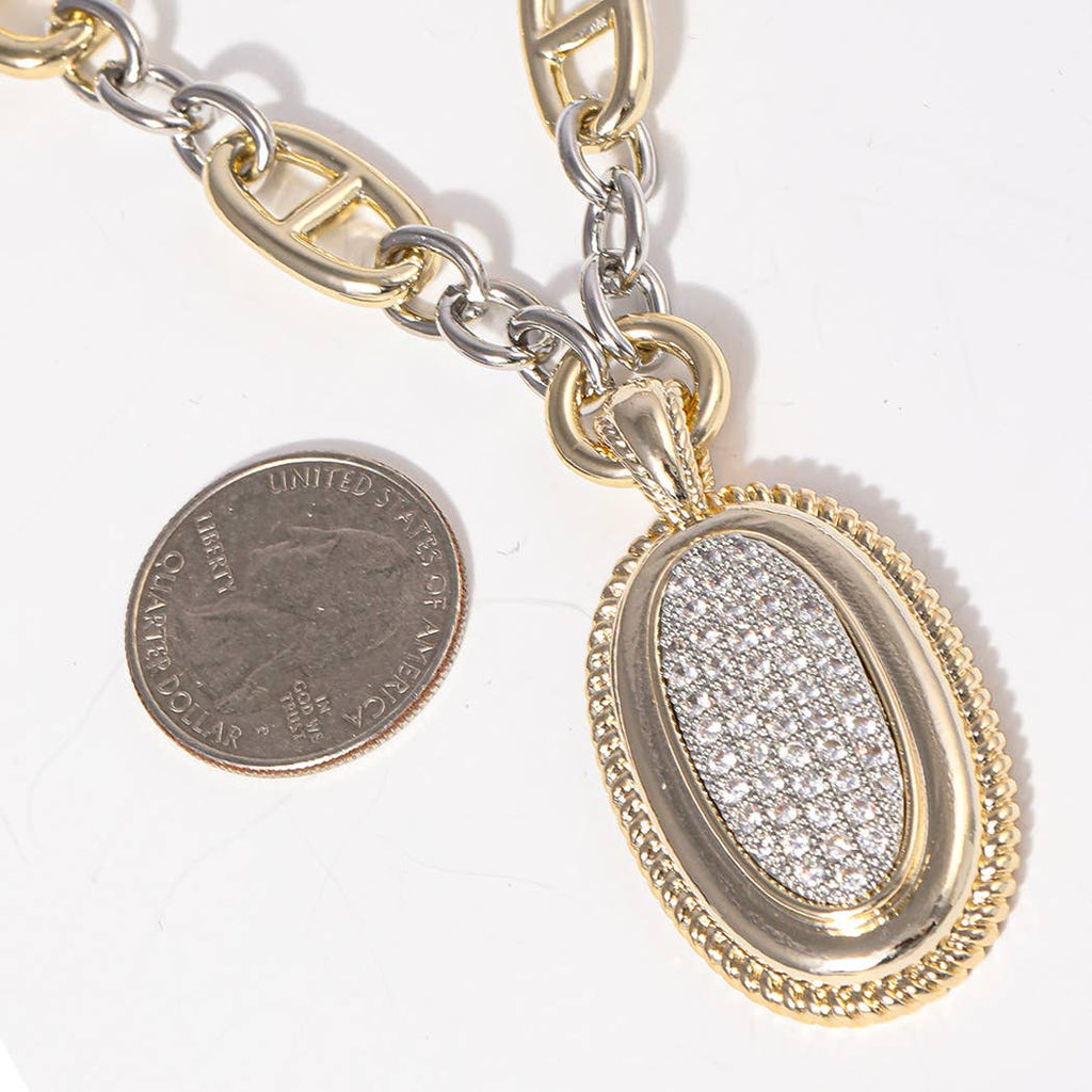 Two-Tone Oval CZ Pendant Necklace