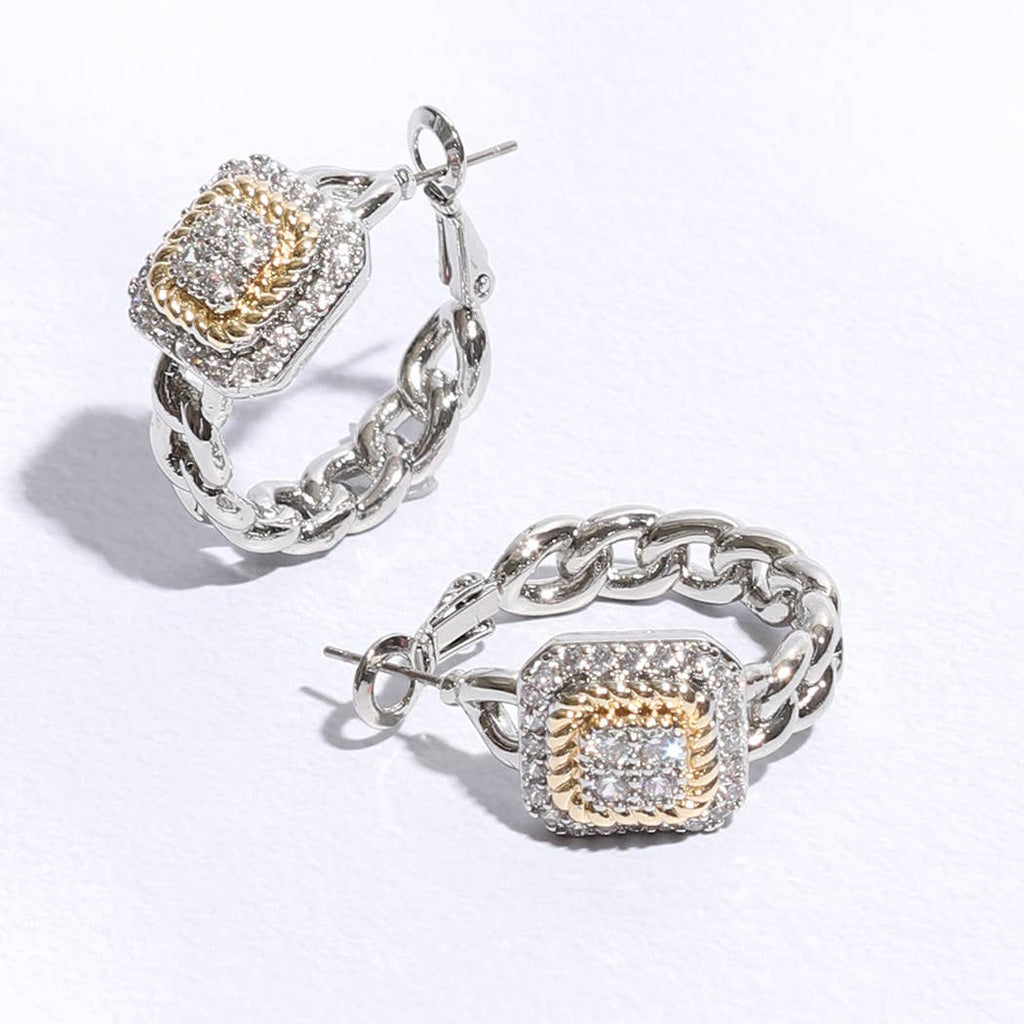 Two-Tone Square Pavé Hoop Earrings