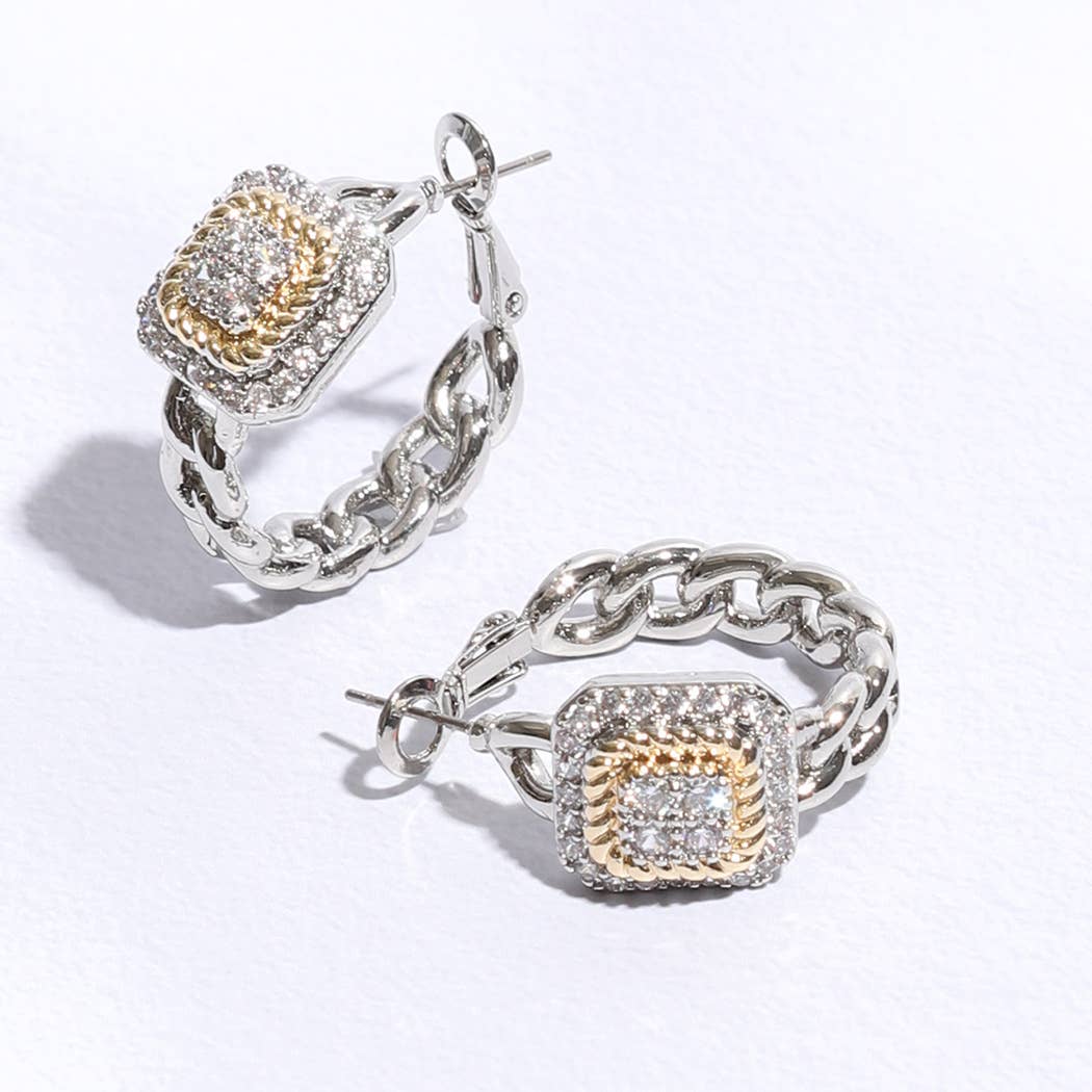 Two-Tone Square Pavé Hoop Earrings