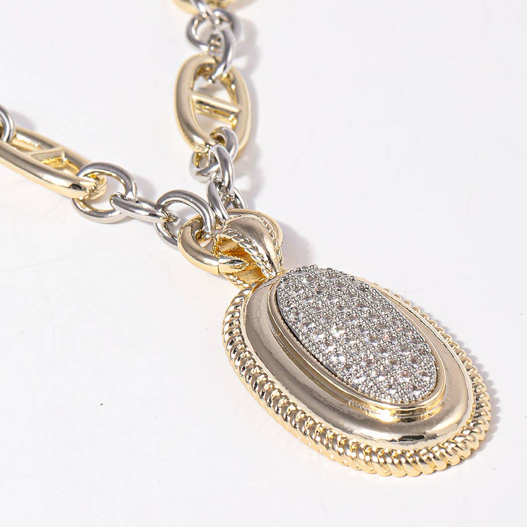 Two-Tone Oval CZ Pendant Necklace