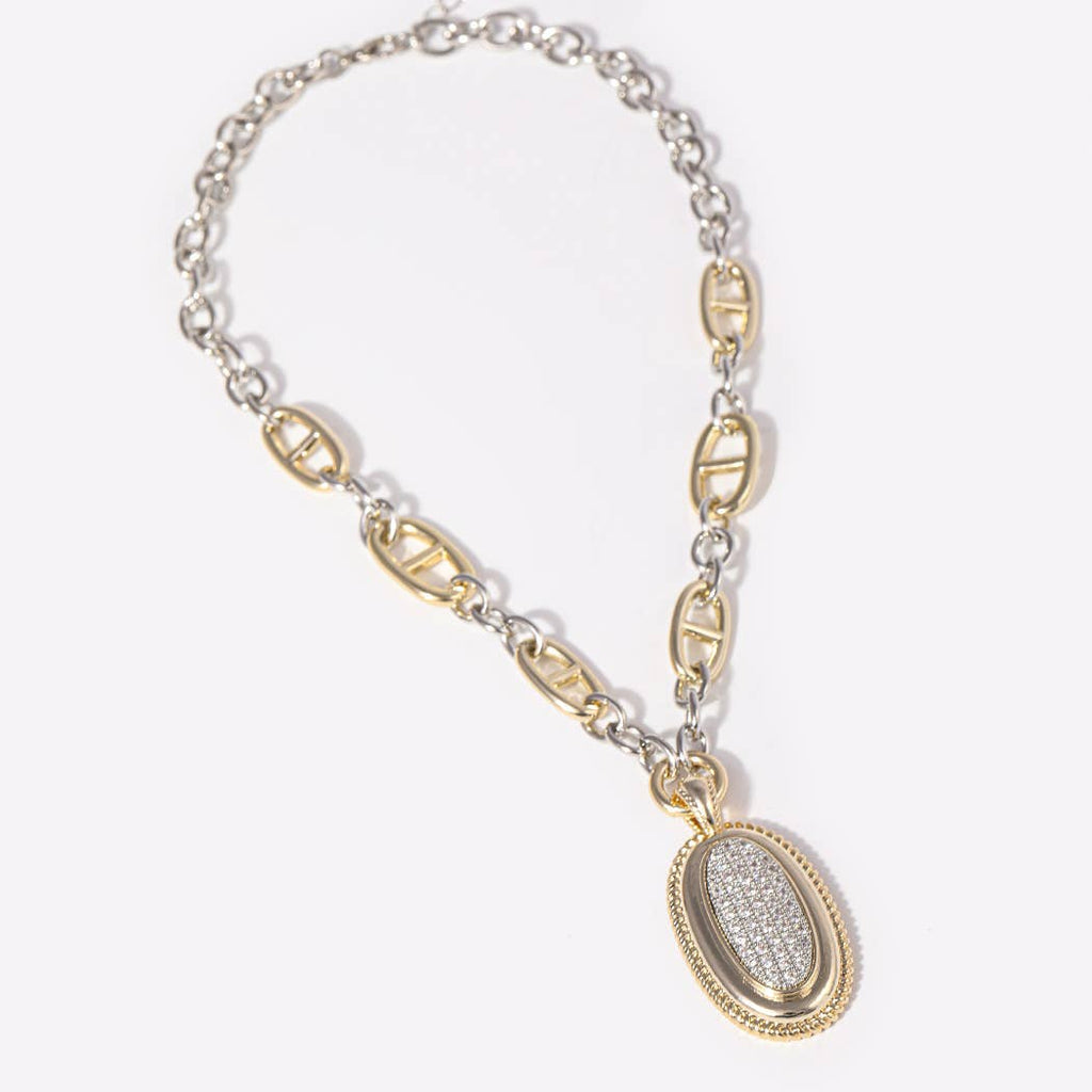 Two-Tone Oval CZ Pendant Necklace
