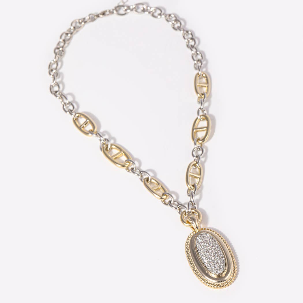 Two-Tone Oval CZ Pendant Necklace