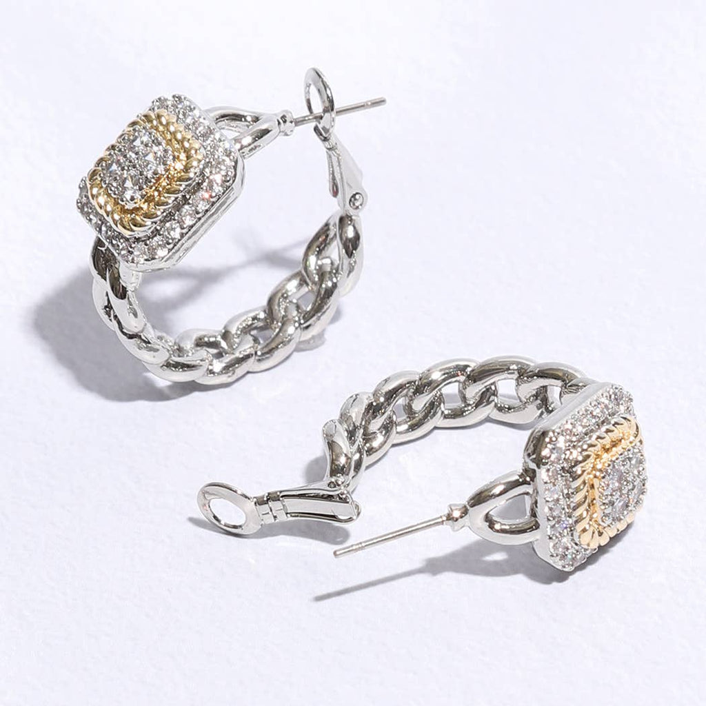 Two-Tone Square Pavé Hoop Earrings