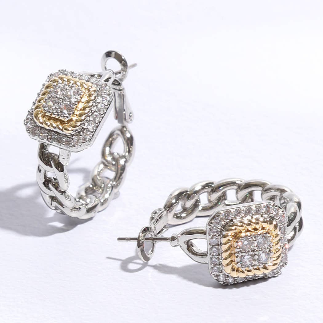 Two-Tone Square Pavé Hoop Earrings