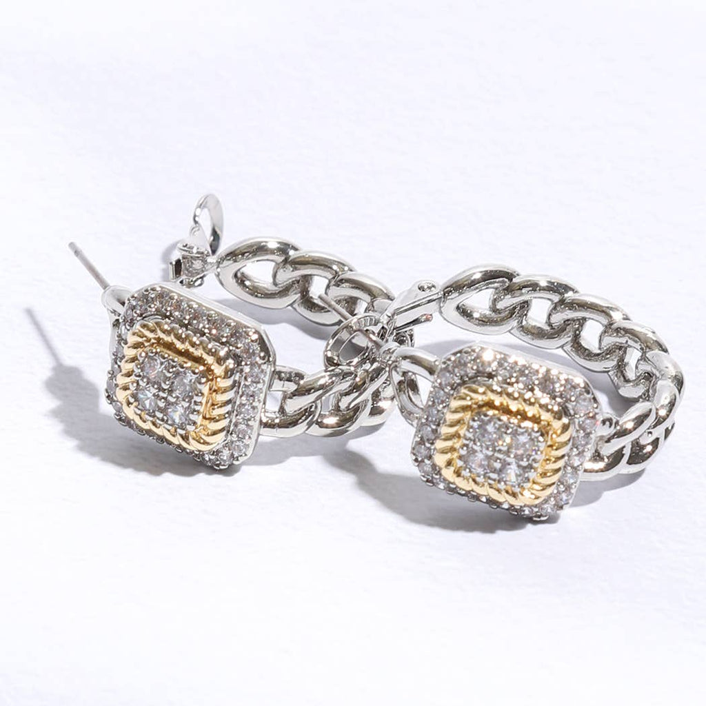 Two-Tone Square Pavé Hoop Earrings