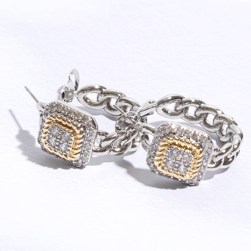 Two-Tone Square Pavé Hoop Earrings
