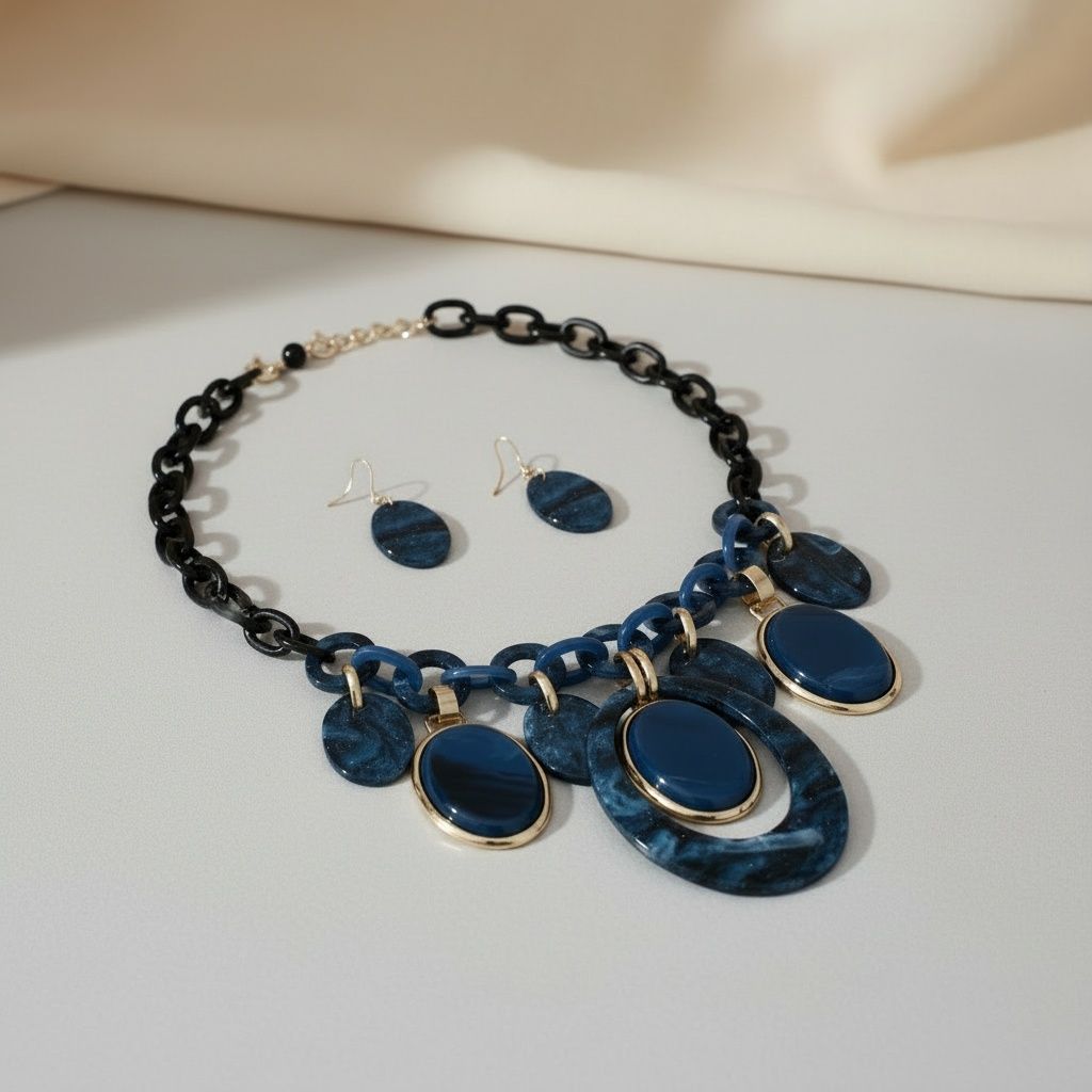 Necklace Blue Glitter Oval Swirled Set for Women