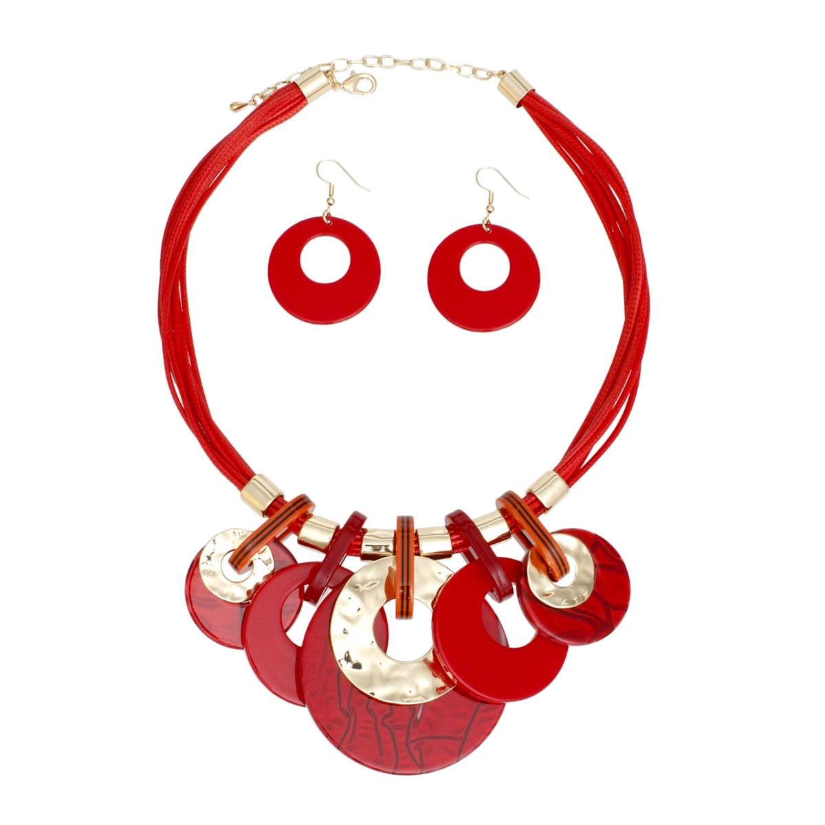 Collar Red with Gold Cord and Disc Necklace Set