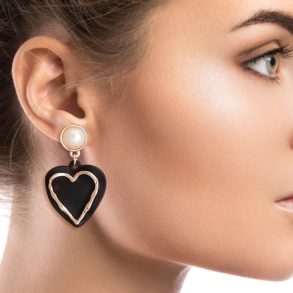 Black Heart Drop Earrings with Pearl Accent