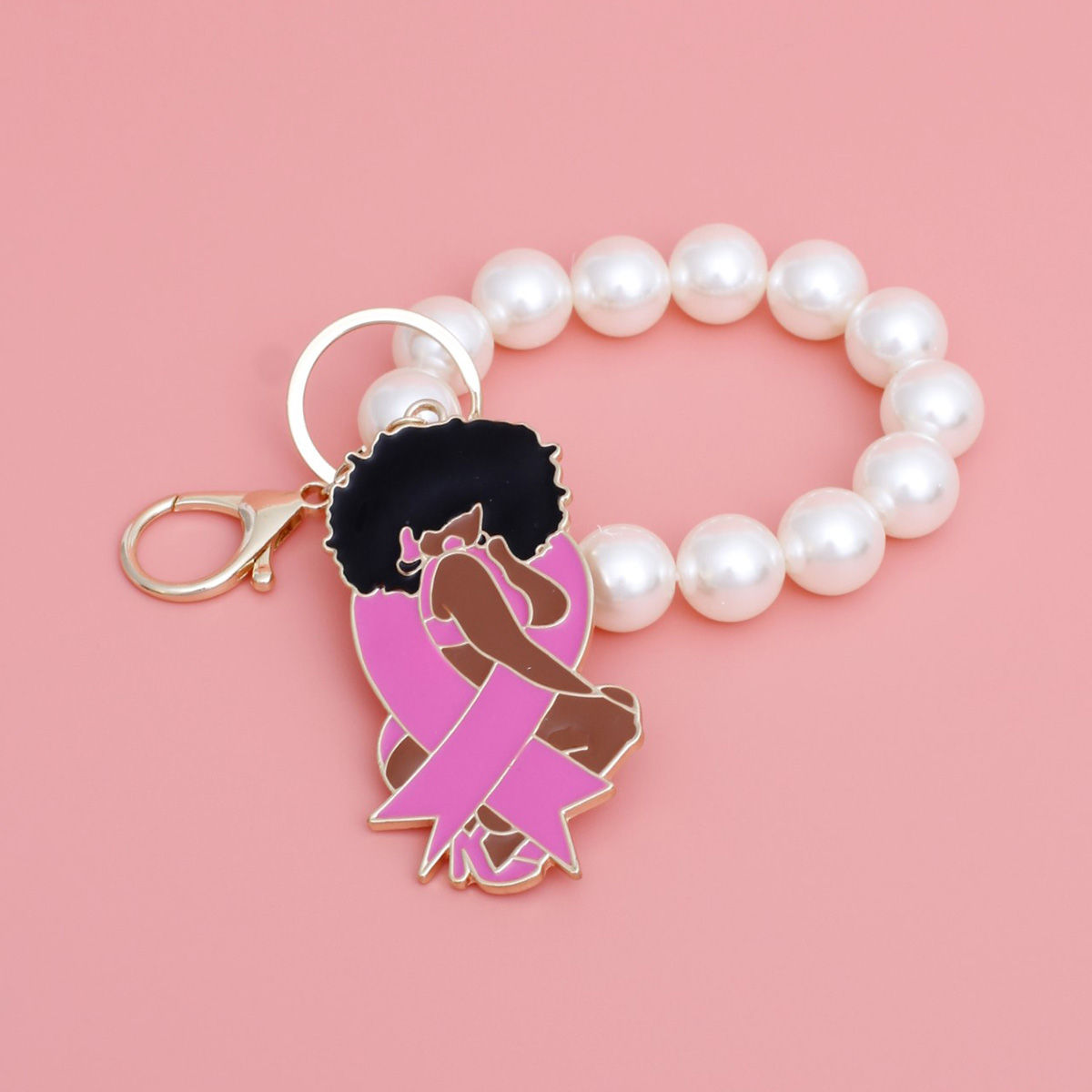Keychain Gold Pink Ribbon Diva Pearl Wristlet
