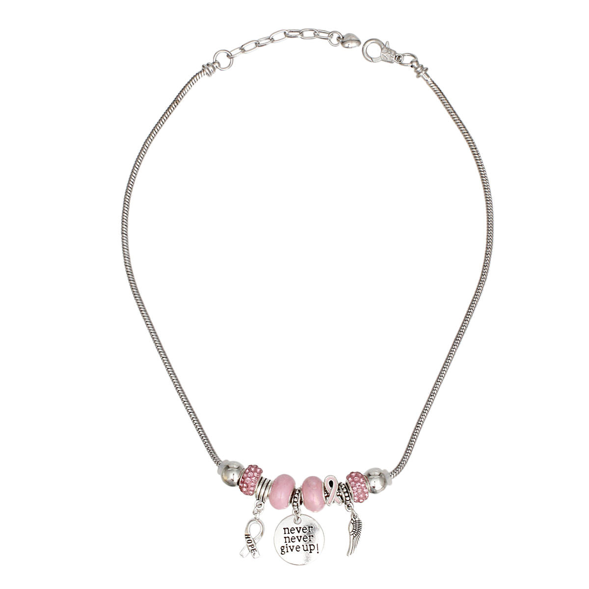 Breast Cancer Silver Never Give Up Charm Necklace