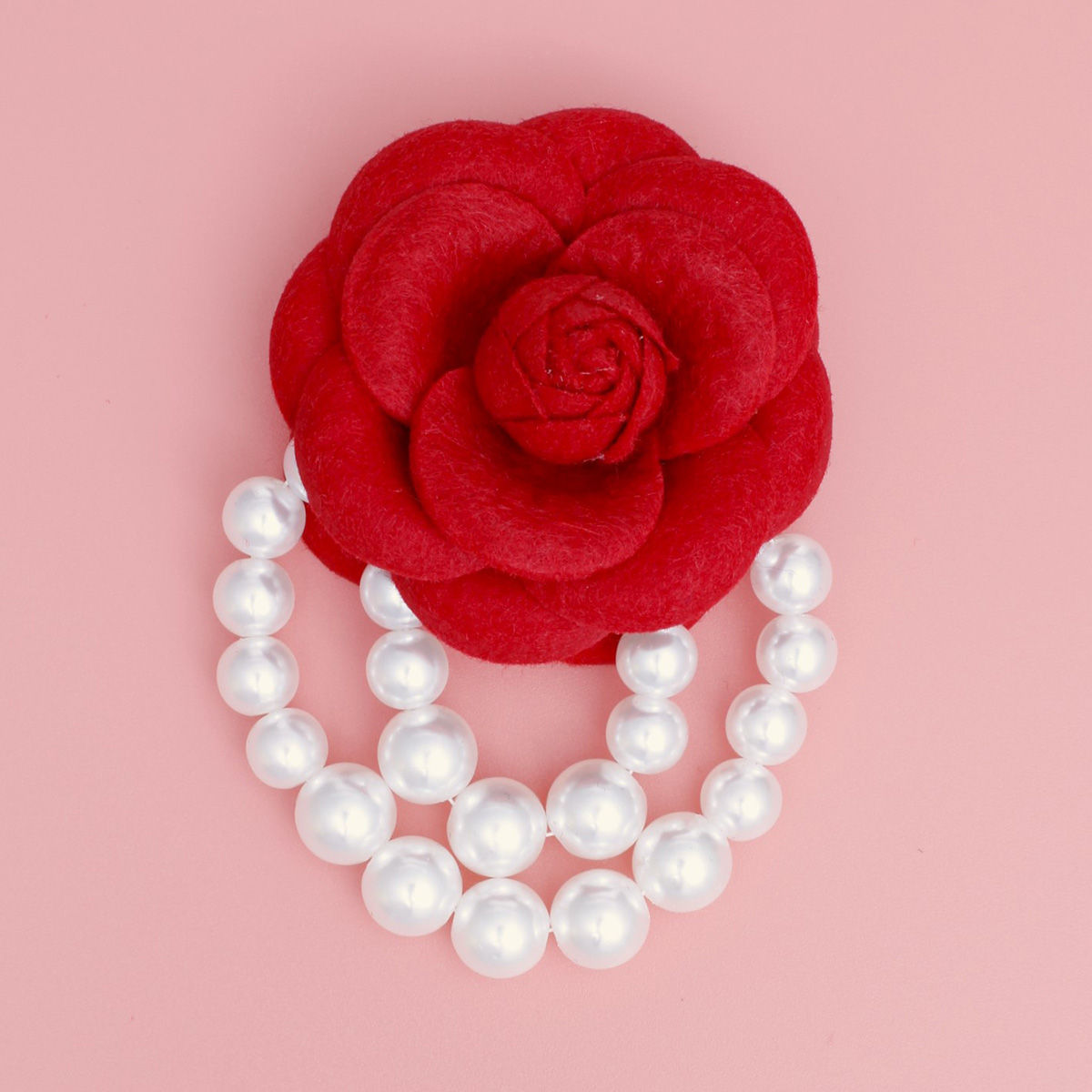 Red Flower Draped Pearls Brooch Pin