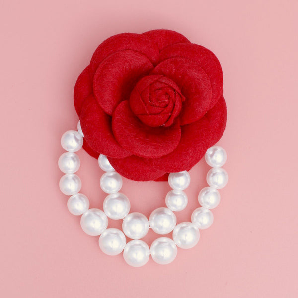 Red Flower Draped Pearls Brooch Pin