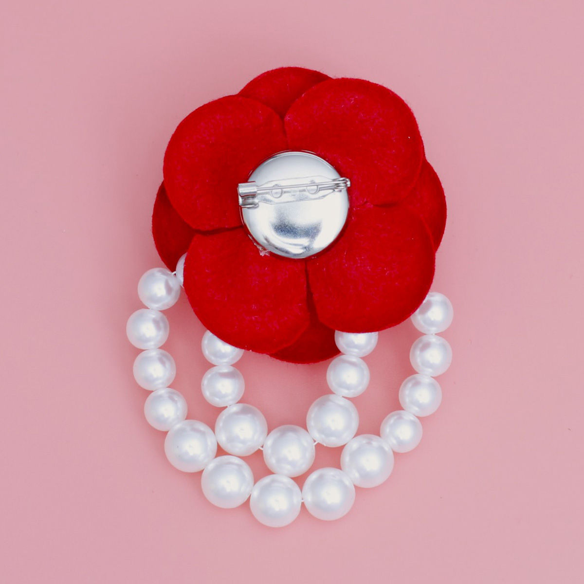 Red Flower Draped Pearls Brooch Pin