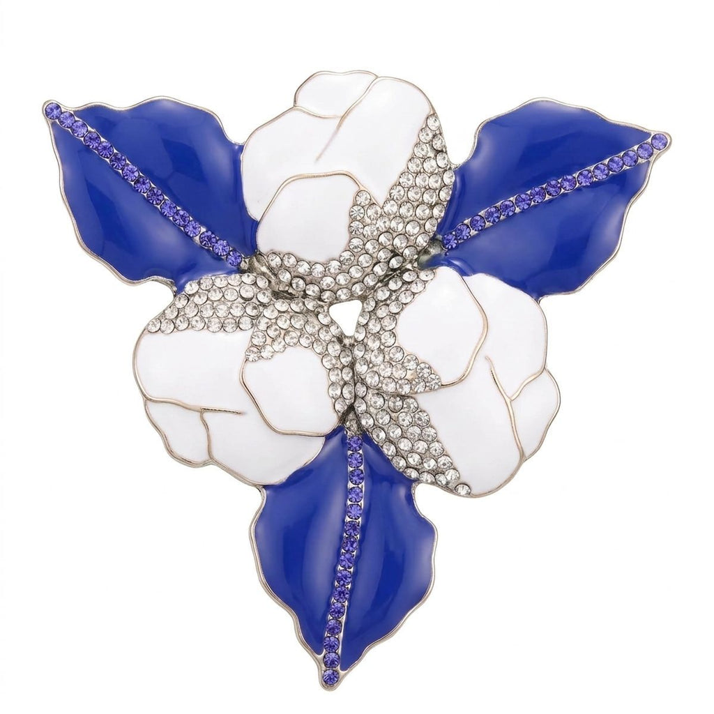 White 3 Blossom Royal Blue Leaf Brooch Pin