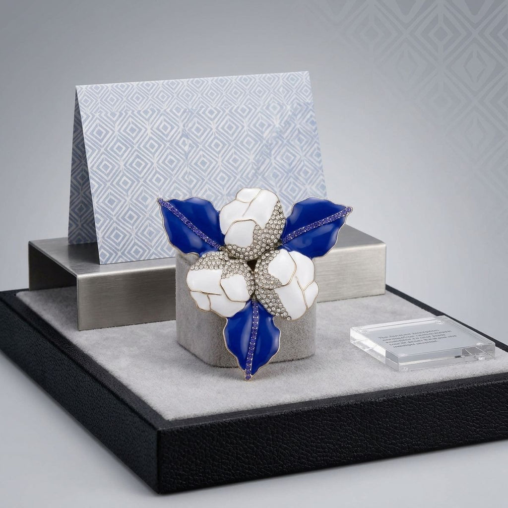 White 3 Blossom Royal Blue Leaf Brooch Pin