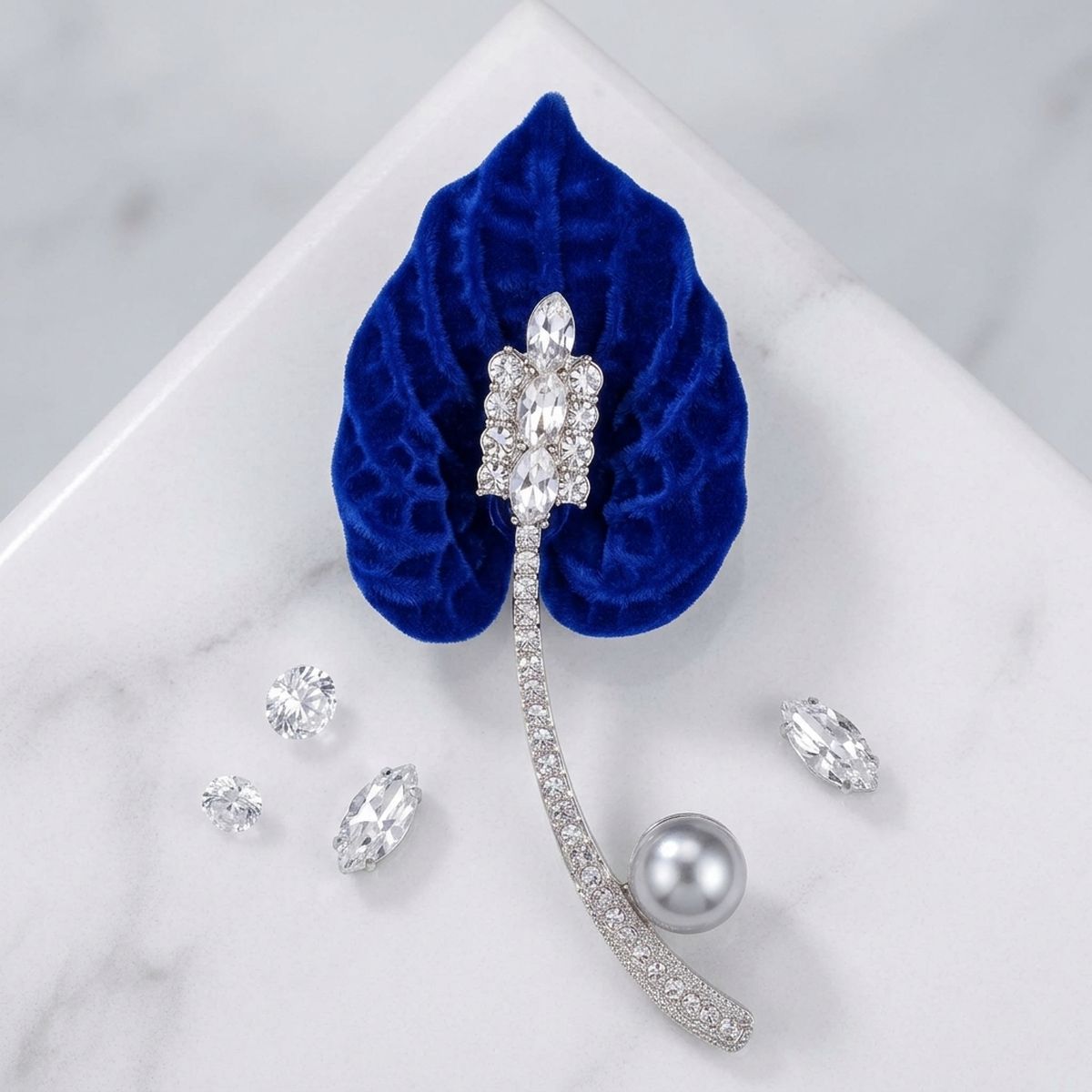 Royal Blue Lily Pearl & Rhinestone Brooch Pin