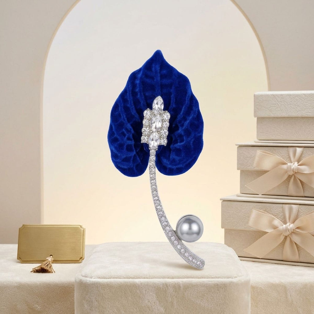 Royal Blue Lily Pearl & Rhinestone Brooch Pin