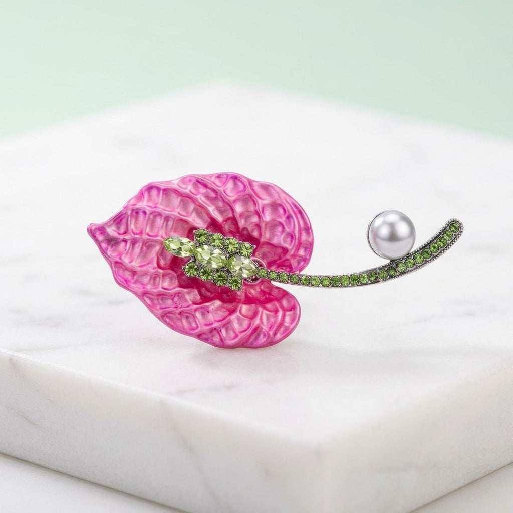 Pink Lily Pearl & Green Rhinestone Brooch Pin