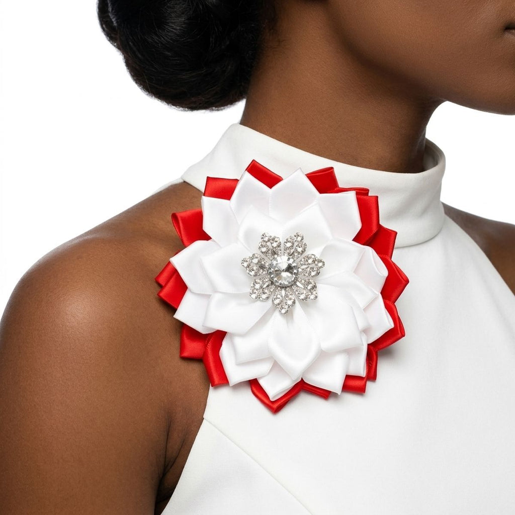 DST Red White Floral Bling Brooch and Hair Clip