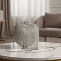 Clutch Silver Rhinestone Fringe Heart Hardcase Bag