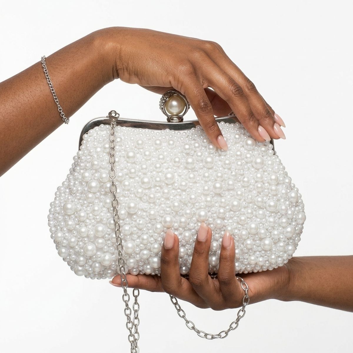 White Pearl Hand Sewn Bridal Clutch Evening Bag
