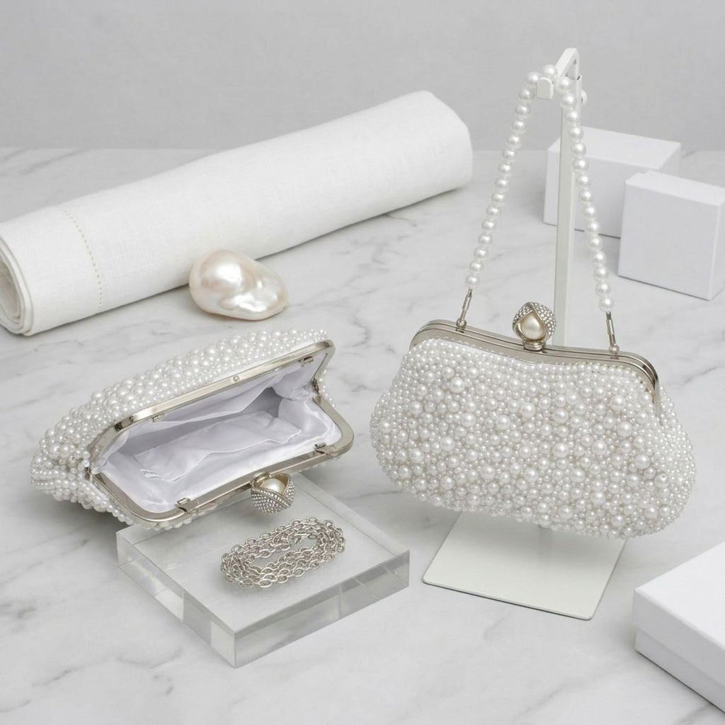 White Pearl Hand Sewn Bridal Clutch Evening Bag