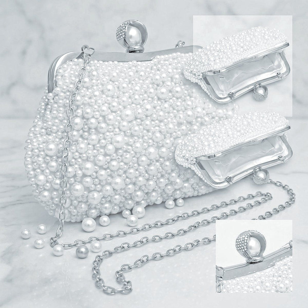 White Pearl Hand Sewn Bridal Clutch Evening Bag