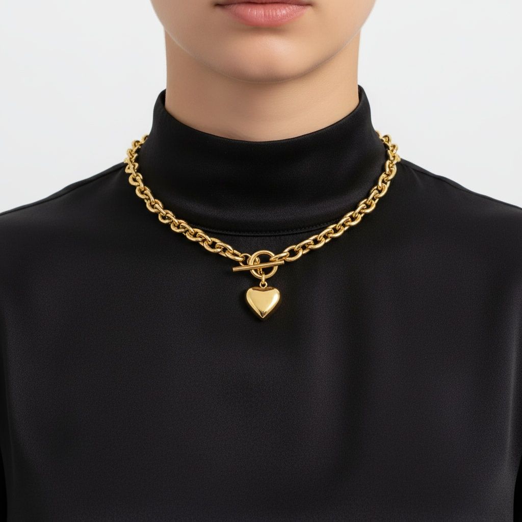 Gold 18K Steel Toggle Heart Rolo Chain Necklace