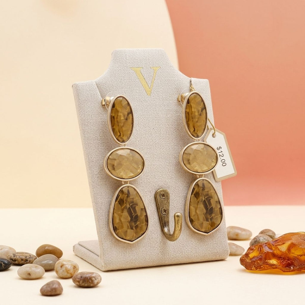 3 Tier Drop Brown Mosaic Gold Geometric Earrings