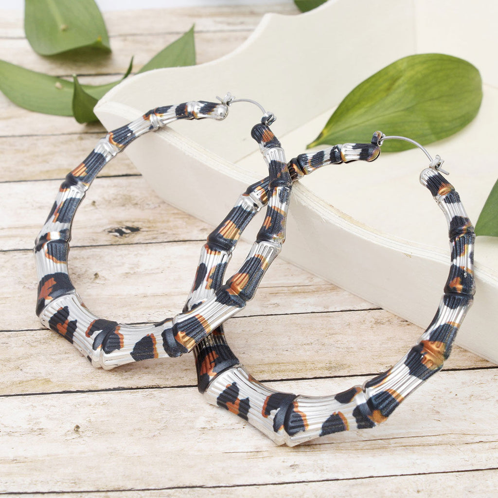 Hoop Leopard Pattern Silver Bamboo Earrings Women