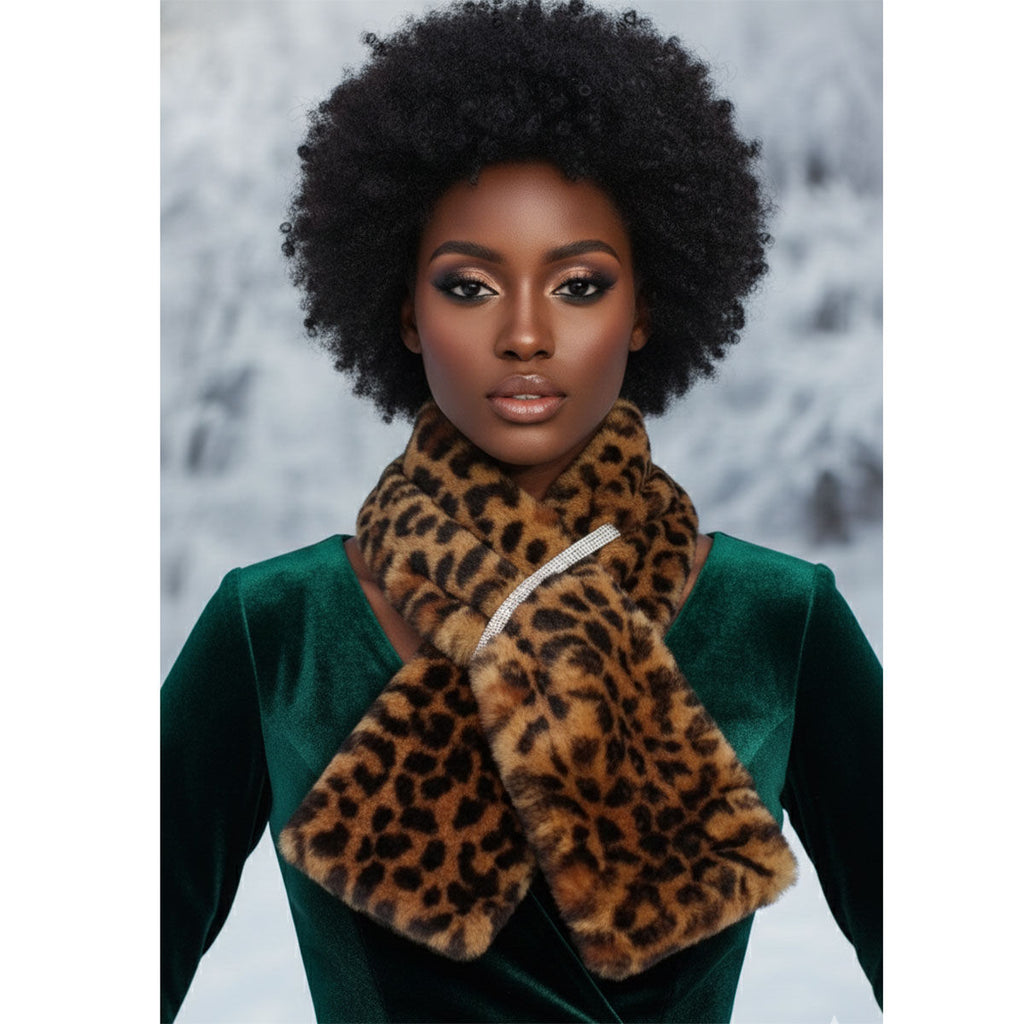 Scarf Luxe Faux Fur Leopard Rhinestone Pull Thru
