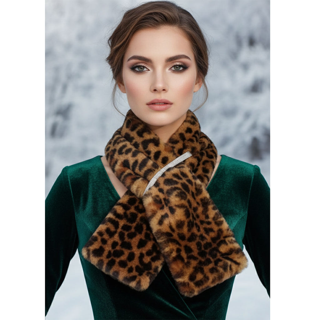 Scarf Luxe Faux Fur Leopard Rhinestone Pull Thru