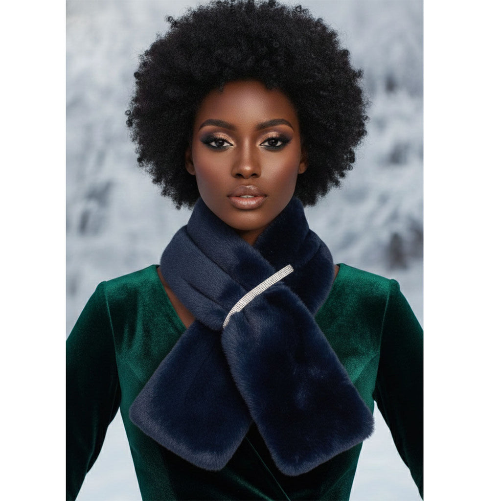 Scarf Luxe Faux Fur Navy Rhinestone Pull Thru