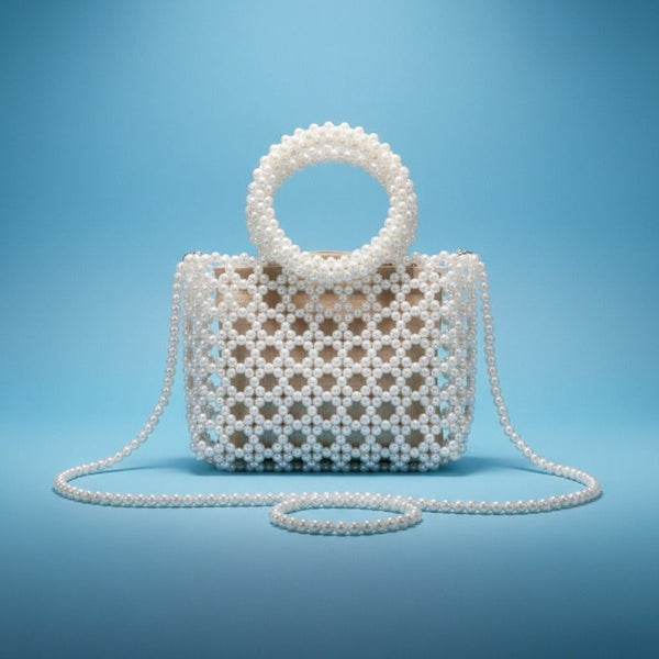 Top Handle Square White Pearl Woven Handbag