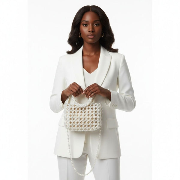 Top Handle Square White Pearl Woven Handbag
