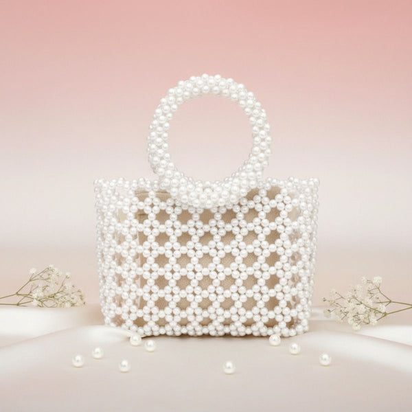 Top Handle Square White Pearl Woven Handbag