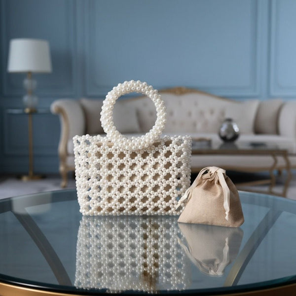 Top Handle Square White Pearl Woven Handbag