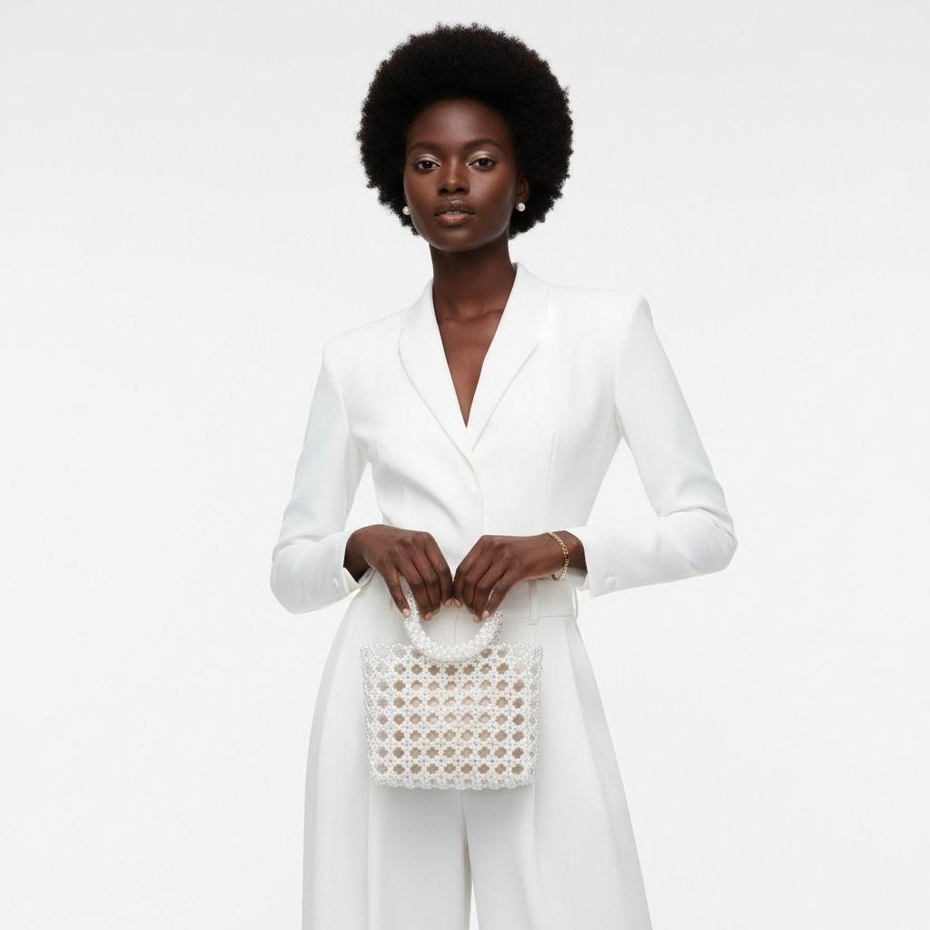 Top Handle Square White Pearl Woven Handbag