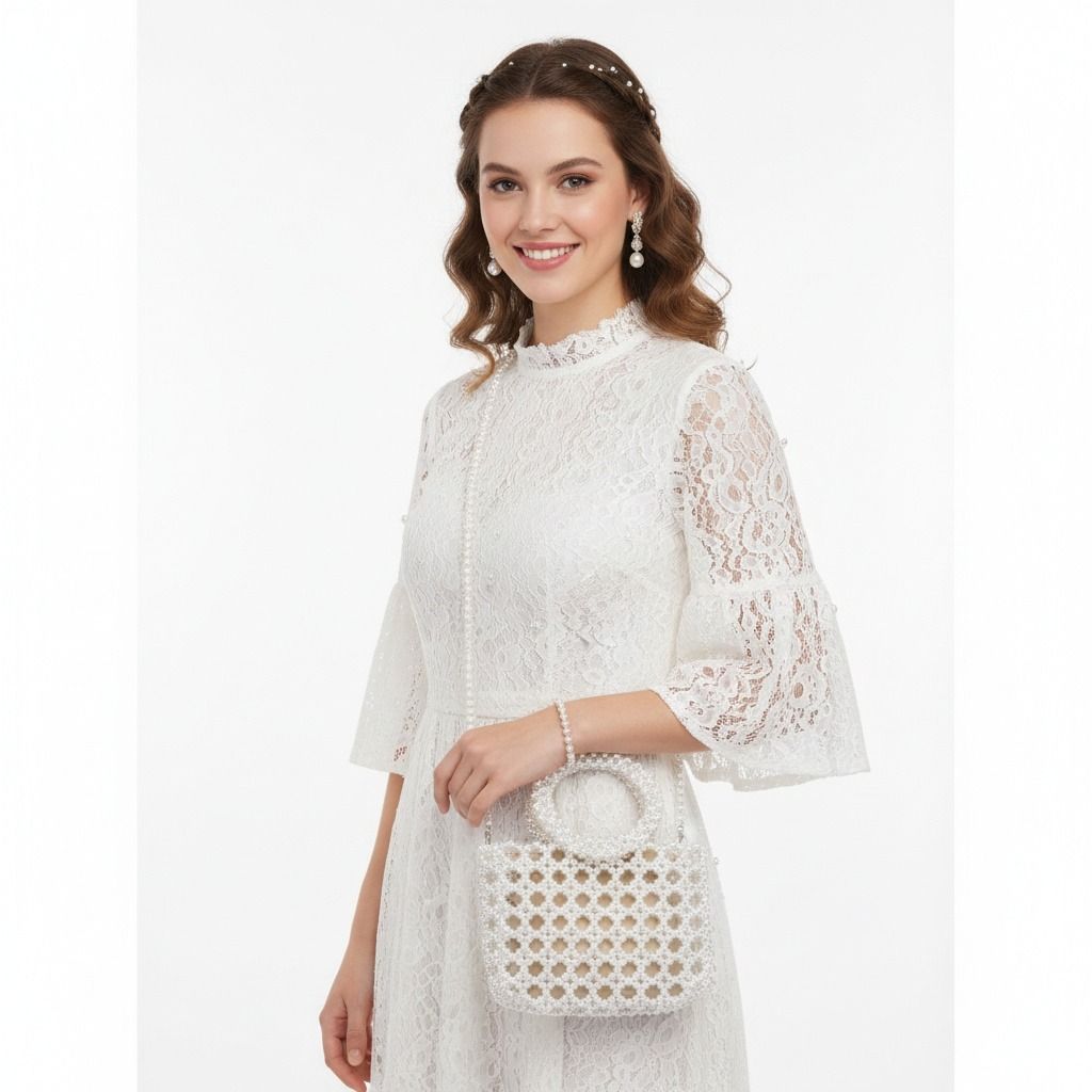 Top Handle Square White Pearl Woven Handbag
