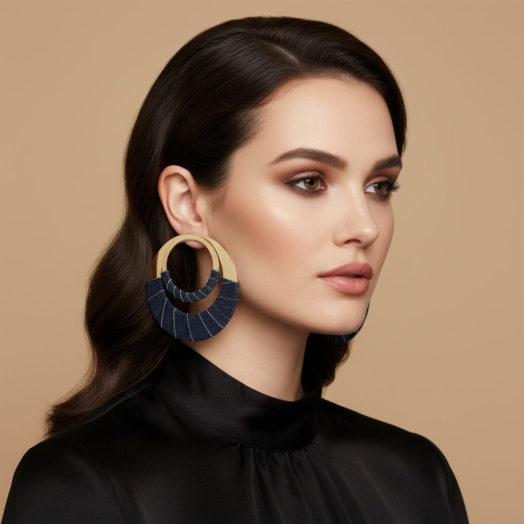 Hoop Denim Jeans Gold Double Ring Urban Earrings
