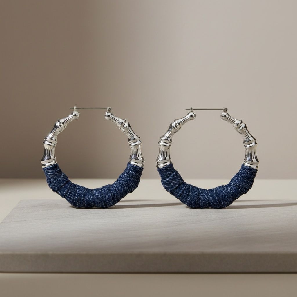 Hoop Denim Jeans Silver Bamboo Texture Earrings