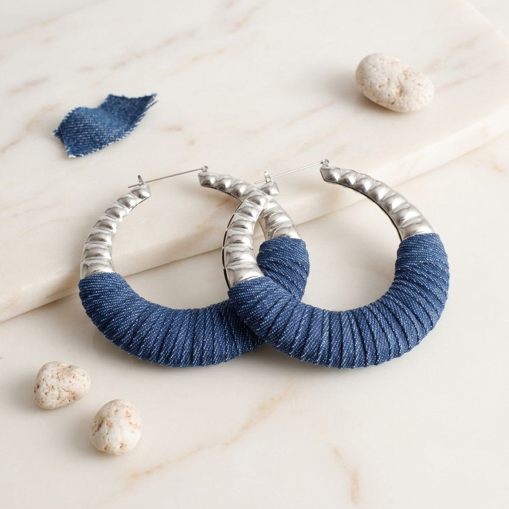 Hoop Denim Wrapped Thick Silver Bubble Earrings