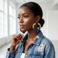 Hoop Denim Wrapped Gold Bamboo Heart Earrings