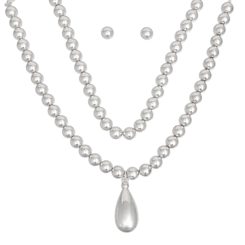 Beaded Silver Teardrop Pendant Double Necklace Set