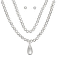 Beaded Silver Teardrop Pendant Double Necklace Set