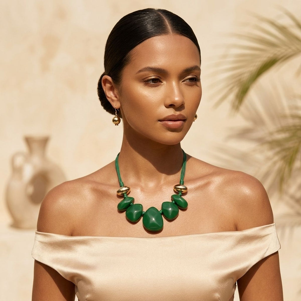Green Resin Pebble & Cord Bib Collar Necklace Set