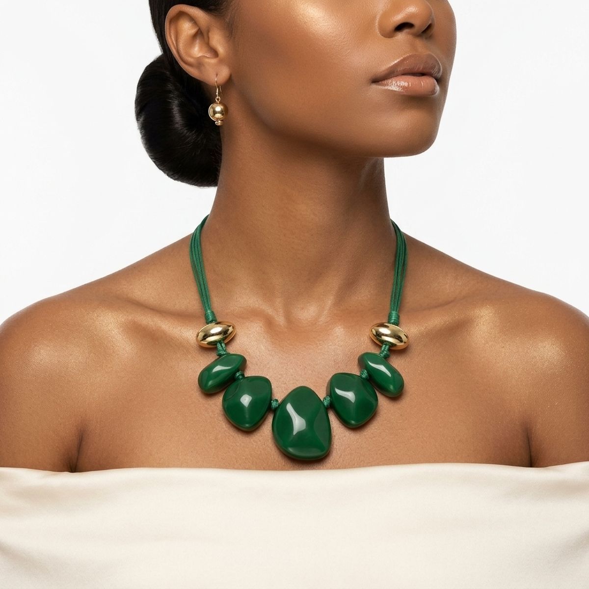 Green Resin Pebble & Cord Bib Collar Necklace Set